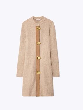 Tory Burch Rory Wool Sweater Coat Cardigan Jacket Goat Leather Gold Clasp M Fall